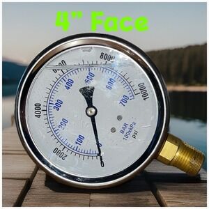 Pressure Gauge 0 - 10,000 4" Face Brass Hardware Bar 100xkPa Psi Stainless Steel